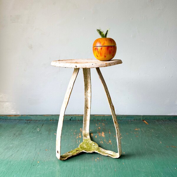 Vintage Chippy White Painted Metal Three Legged Milking Stool - Plant Stand - Farmhouse Decor