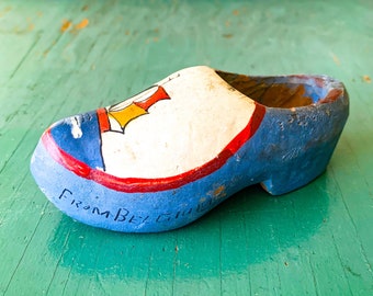 Vintage Souvenir Hand Carved and Painted Wooden Belgian Clog - Child Size Clog - Decorative Painted Clog from Belgium - Belgian Souvenir