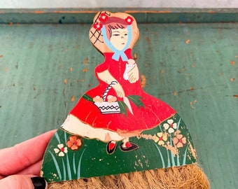 Vintage Hand Painted Wooden Lady Table Brush - Small Folk Art Broom - Wooden Doll Sweep