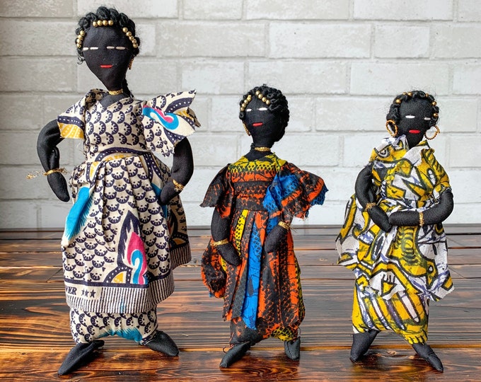 Vintage Set of 3 Handmade African Souvenir Dolls - Colorful Pattern African Dolls - Ethnic Decor