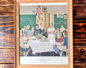 Vintage Framed Saturday Evening Post "Setting the Table" Print - Home School - Home Ec - Nostalgic 1950s Art Print