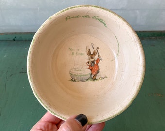 Vintage Baby Bowl - Green Checkered Baby Bowl with Bunny Rabbit - 1920s Baby Bowl Dish Gift - Gender Neutral Unisex Baby Gift
