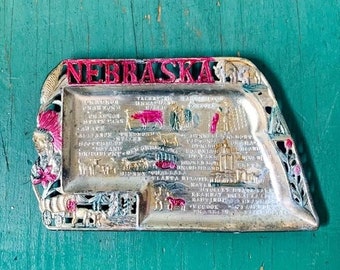 Vintage 1950s Tin Nebraska State Souvenir Ashtray