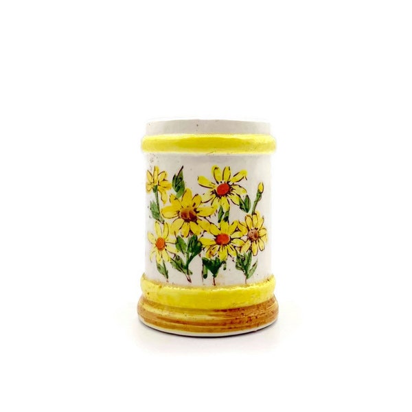 Vintage Ceramic Pot Planter Cup - Desk Accessory - 1970s Ceramic - Daisy Sunflower Floral - Yellow White Orange Green Decor