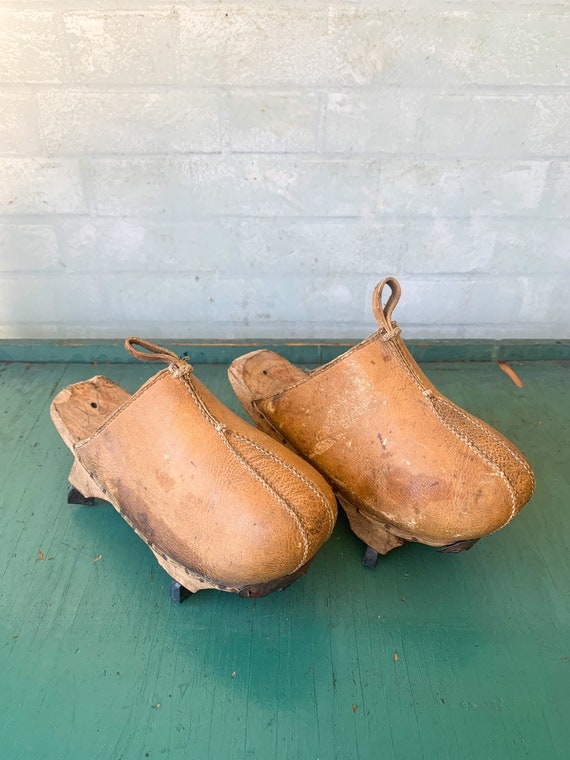 Antique Chinese Leather Rice Paddy Shoes with Wood