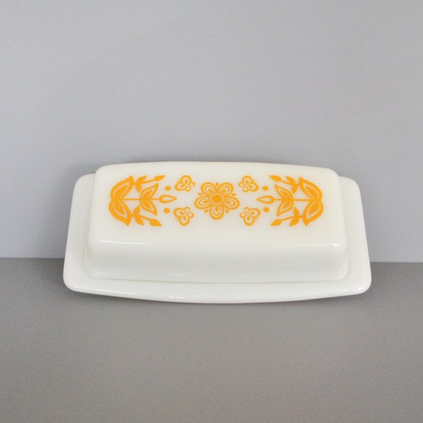 Vintage Pyrex Golden Flower & Butterfly Covered Butter Dish 1960s 1970s