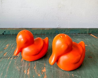 Vintage Pair of Orange Pottery Duck Salt and Pepper Shakers with Original Cork Stoppers