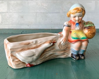 Vintage Hummel Style Ceramic Planter - Little Girl with Goose Ceramic Planter - German Girl Ceramic Planter