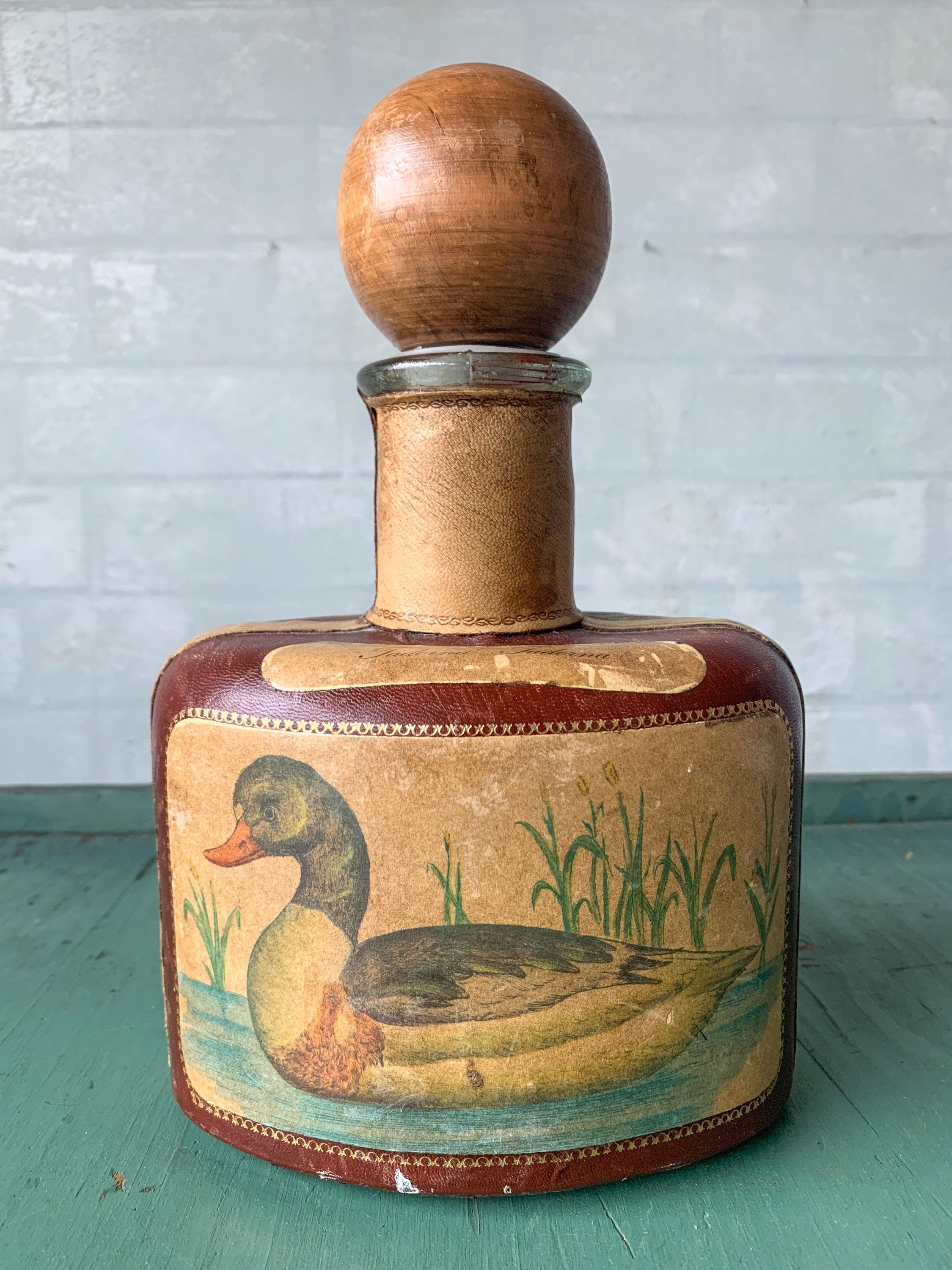 Vintage Italian Leather Wrapped Duck Decanter with Wooden Top Etsy