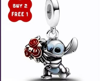 Stitch with Rose Bouquet Charm, Charm for Bracelet, Necklace Pendant, Pandora Charm