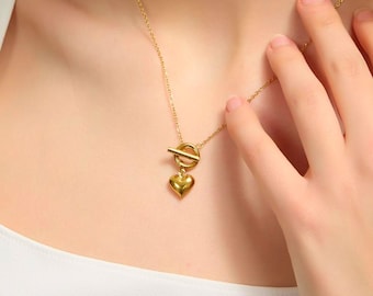 Smyckeset med hjärtan i guld, 18k pläterat halsband och örhängen med kedja, Alla hjärtans dag-present till henne, Vattentäta smycken, ArcandAura NG011 EG012