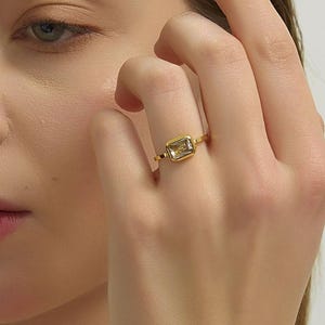Rectangular CZ Ring, Baguette CZ Ring, Vintage Gold Plated Waterproof Stackable Band, Arc&Aura RG011