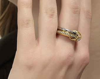 Two-Tone Interlocking CZ Ring, Double Ring, Mixed Metal Ring, Waterproof 18K Gold Plated Stainless Steel, Gift for Her, Arc&Aura RG018