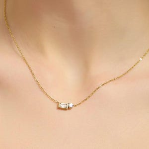 Dainty Gold CZ Necklace, Baguette Diamond Necklace, Minimalist Double Cubic Zirconia Pendant Necklace, Bridal Necklace, Arc&Aura NG009