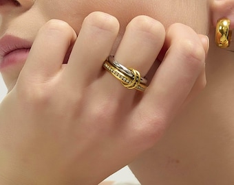 Two Tone Interlocking Ring, Waterproof Mixed Metal Statement Ring, Modern CZ Ring, Arc&Aura RG018