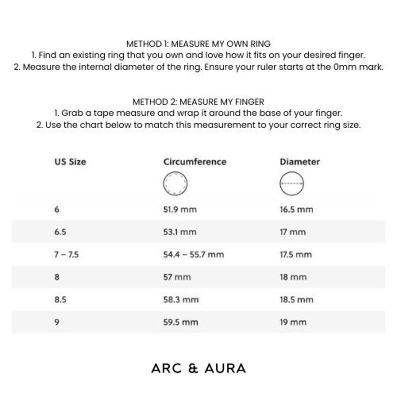 May include: A chart showing ring sizes in US sizes, circumference in millimetres, and diameter in millimetres. The chart includes sizes 6, 6.5, 7-7.5, 8, 8.5, and 9.