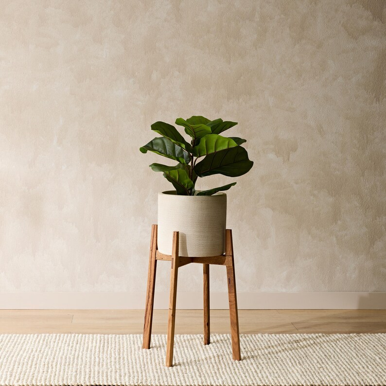 May include: A white ceramic planter with a green leafy plant sits on a wooden plant stand with four legs. The stand is on a light beige rug.
