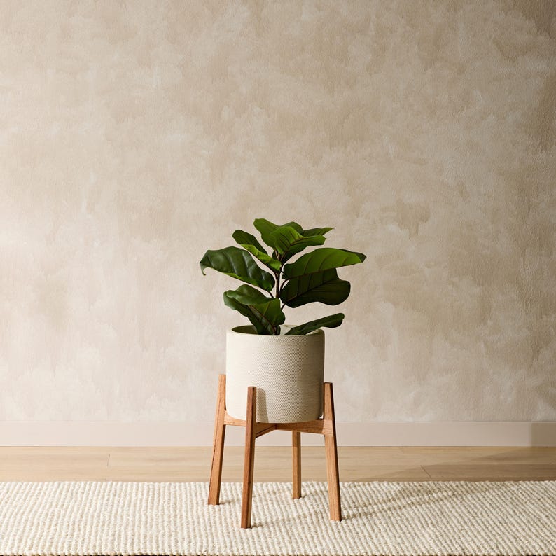 May include: A white ceramic planter with a textured surface sits on a wooden plant stand. The plant stand has four legs and a crossbar. A green leafy plant is growing in the planter.