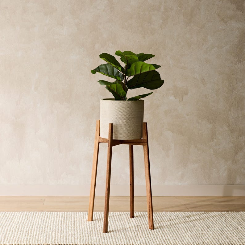 May include: A white ceramic planter with a green leafy plant sits on a wooden plant stand with four legs. The stand is on a white rug.