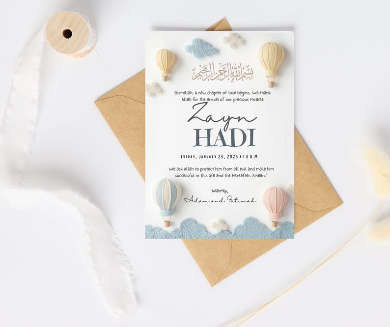 1. “Editable Islamic baby boy birth announcement in neutral pastel design”
2. “Modern Muslim newborn printable with Arabic Bismillah”
3. “Soft felt balloon nursery baby announcement 6x8 inch template”