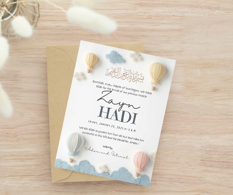 1. “Editable Islamic baby boy birth announcement in neutral pastel design”
2. “Modern Muslim newborn printable with Arabic Bismillah”
3. “Soft felt balloon nursery baby announcement 6x8 inch template”