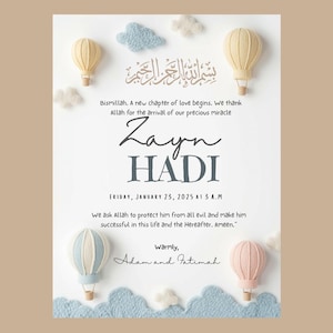 1. “Editable Islamic baby boy birth announcement in neutral pastel design”
2. “Modern Muslim newborn printable with Arabic Bismillah”
3. “Soft felt balloon nursery baby announcement 6x8 inch template”