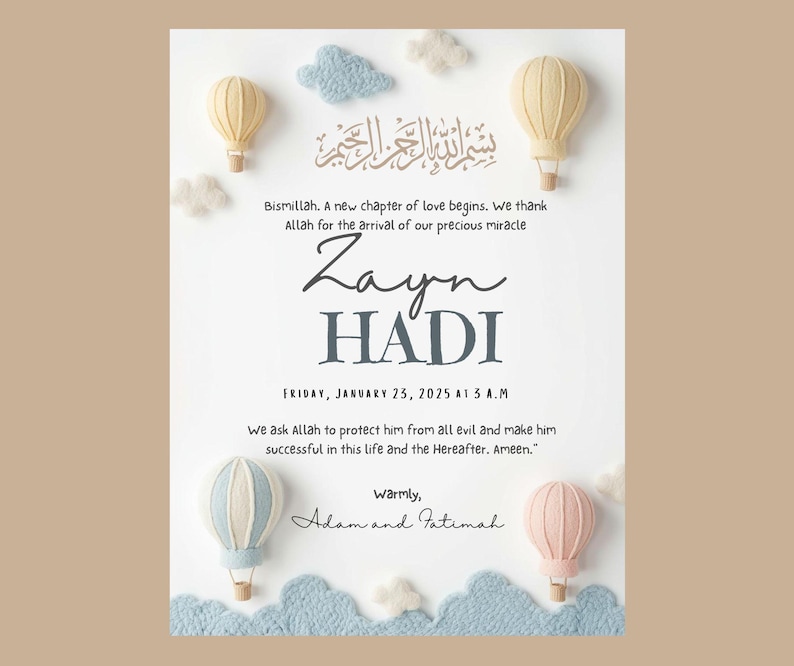 1. “Editable Islamic baby boy birth announcement in neutral pastel design”
2. “Modern Muslim newborn printable with Arabic Bismillah”
3. “Soft felt balloon nursery baby announcement 6x8 inch template”