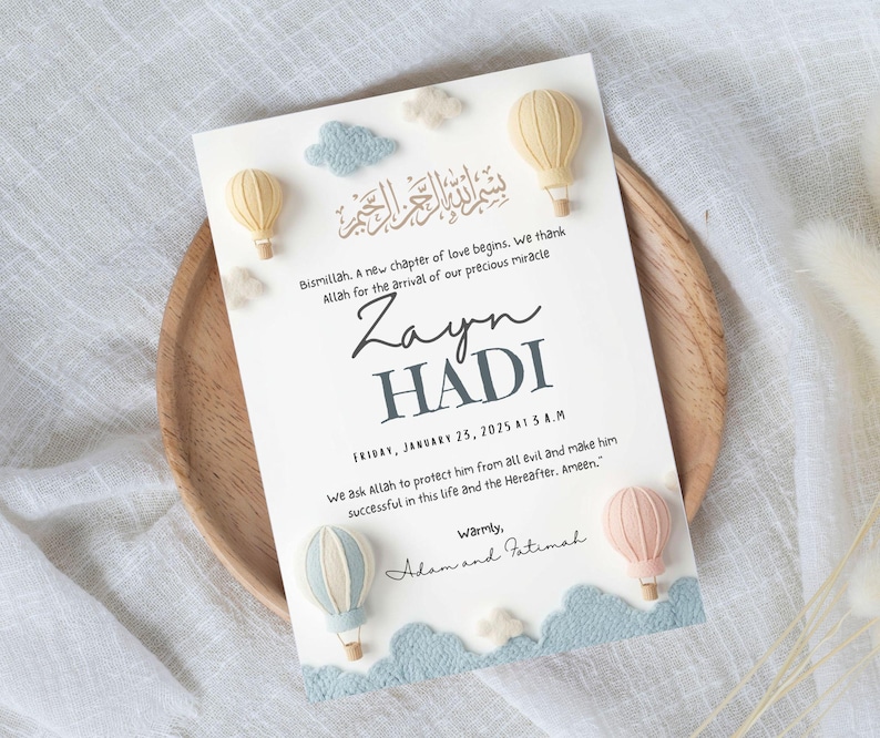 1. “Editable Islamic baby boy birth announcement in neutral pastel design”
2. “Modern Muslim newborn printable with Arabic Bismillah”
3. “Soft felt balloon nursery baby announcement 6x8 inch template”