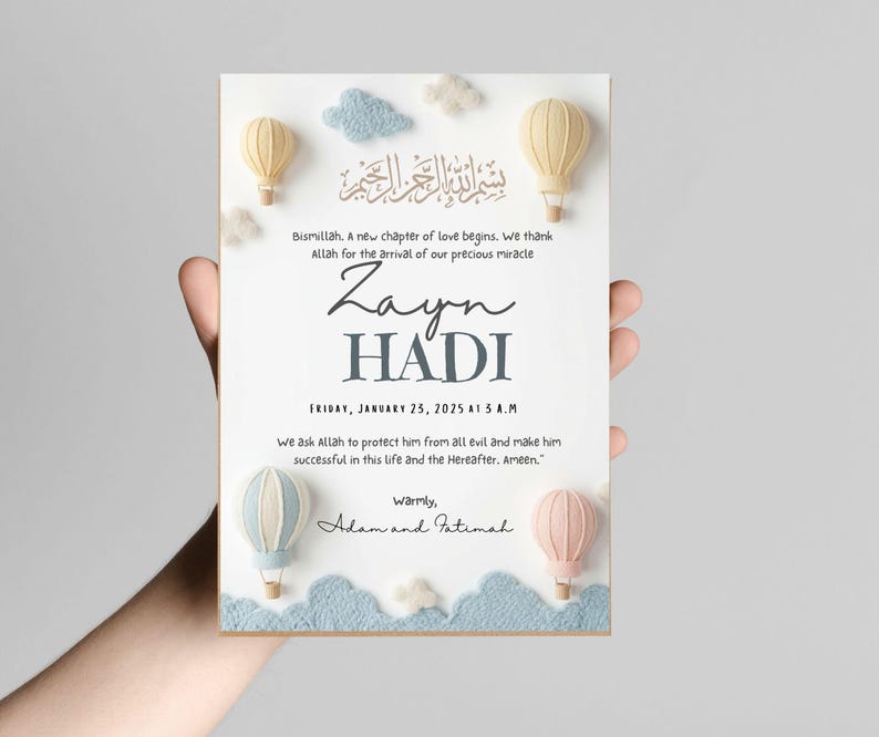 1. “Editable Islamic baby boy birth announcement in neutral pastel design”
2. “Modern Muslim newborn printable with Arabic Bismillah”
3. “Soft felt balloon nursery baby announcement 6x8 inch template”