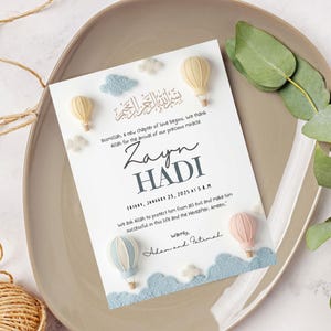 1. “Editable Islamic baby boy birth announcement in neutral pastel design”
2. “Modern Muslim newborn printable with Arabic Bismillah”
3. “Soft felt balloon nursery baby announcement 6x8 inch template”
