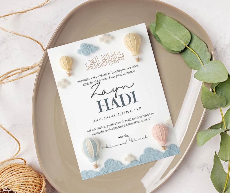 1. “Editable Islamic baby boy birth announcement in neutral pastel design”
2. “Modern Muslim newborn printable with Arabic Bismillah”
3. “Soft felt balloon nursery baby announcement 6x8 inch template”