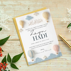 1. “Editable Islamic baby boy birth announcement in neutral pastel design”
2. “Modern Muslim newborn printable with Arabic Bismillah”
3. “Soft felt balloon nursery baby announcement 6x8 inch template”