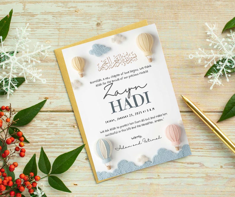 1. “Editable Islamic baby boy birth announcement in neutral pastel design”
2. “Modern Muslim newborn printable with Arabic Bismillah”
3. “Soft felt balloon nursery baby announcement 6x8 inch template”