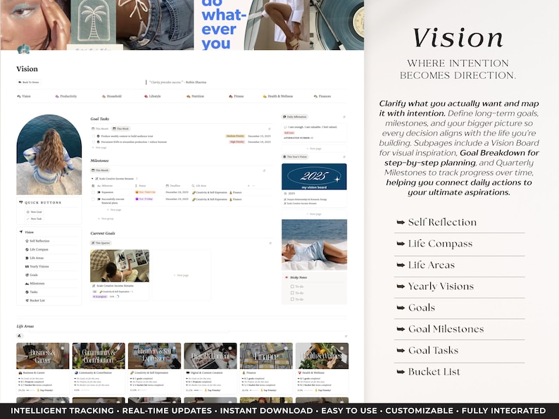 Peut inclure: Interface de planification num&eacute;rique avec le mot "Vision" en haut. L'interface comprend des sections pour la d&eacute;finition d'objectifs, l'introspection et les domaines de la vie. Le texte "WHERE INTENTION BECOMES DIRECTION" est &eacute;galement visible.