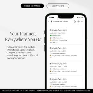 以下が含まれることがあります： 12 Week Year Plannerアプリを表示するスマートフォン。タスク追跡、進捗バー、週ごとの目標概要が含まれています。画面にはWeek 1、Q3 2025、アクションの完了状況などのテキストが表示されており、モバイルデバイスでのタスク管理用に最適化されたインターフェースです。