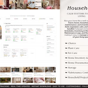 Peut inclure: Interface num&eacute;rique "Household" sur fond beige clair. Il comprend des sections pour les t&acirc;ches m&eacute;nag&egrave;res, les soins des plantes, des animaux de compagnie et l'inventaire de la maison. Le texte indique "Syst&egrave;mes Calmes pour la Vie Quotidienne."