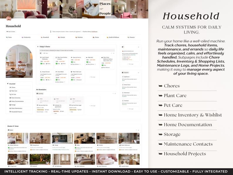 Peut inclure: Interface num&eacute;rique "Household" sur fond beige clair. Il comprend des sections pour les t&acirc;ches m&eacute;nag&egrave;res, les soins des plantes, des animaux de compagnie et l'inventaire de la maison. Le texte indique "Syst&egrave;mes Calmes pour la Vie Quotidienne."