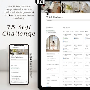 以下が含まれることがあります： タブレットとスマートフォンの画面に表示されたデジタル75 Soft Challengeトラッカー。インターフェースには、デイリートラッカー、クイックアクション、ユーザーガイドが含まれています。テキストには75 Soft Challenge、User Guide、Quick Actions、Daily Trackerが含まれています。