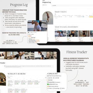 May include: A digital fitness and progress tracking template for Notion featuring a Progress Log with body composition stats, weight targets, and a workout session calendar. The interface displays data fields for muscle mass, body fat percentage, workout duration, and calories burned.