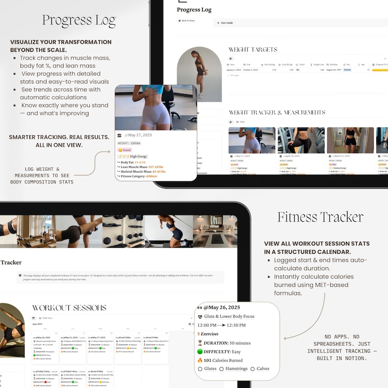 May include: A digital fitness and progress tracking template for Notion featuring a Progress Log with body composition stats, weight targets, and a workout session calendar. The interface displays data fields for muscle mass, body fat percentage, workout duration, and calories burned.