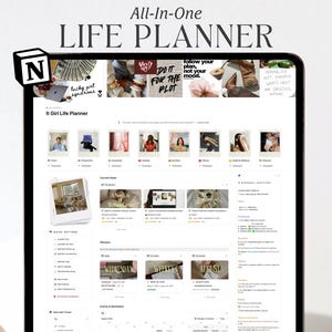 May include: A digital life planner displayed on a tablet screen, featuring the text "All-In-One LIFE PLANNER" and "It Girl Life Planner." The interface includes sections for goals, planners, events, reminders, and a personal assistant dashboard.