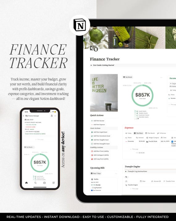 Notion Finance Tracker Template: Budget, Expense, Investment Dashboard (Digital Download)
