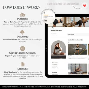 May include: A digital Notion template guide titled How Does It Work, featuring four steps: Purchase, Download, Sign In/Create Account, and Duplicate. The right side displays a preview of an Exercise Hub dashboard with fitness imagery and categories.