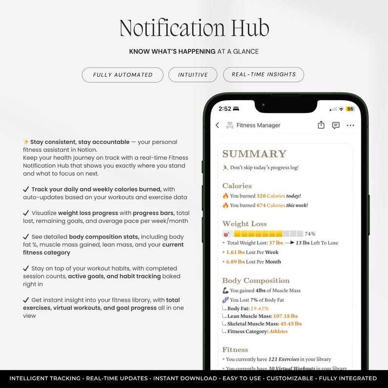 May include: A digital fitness manager interface displayed on a smartphone screen, featuring a summary of calories burned, weight loss progress bars, body composition statistics, and exercise counts, alongside text detailing automated tracking features.