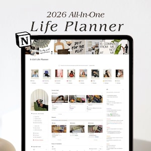 Puede incluir: Un planificador de vida digital 2026 todo en uno mostrado en una pantalla de tableta. La interfaz presenta secciones para objetivos, asistente personal, hábitos diarios y recordatorios con varias imágenes y etiquetas de texto.