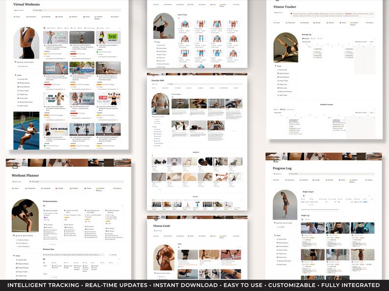 Peut inclure: Un planificateur de fitness num&eacute;rique avec plusieurs pages, pr&eacute;sentant des routines d'entra&icirc;nement, des journaux de progression et des objectifs de fitness. Les pages pr&eacute;sentent des images d'exercices et le texte : "INTELLIGENT TRACKING &bull; REAL-TIME UPDATES &bull; INSTANT DOWNLOAD &bull; EASY TO USE &bull; CUSTOMIZABLE &bull; FULLY INTEGRATED."