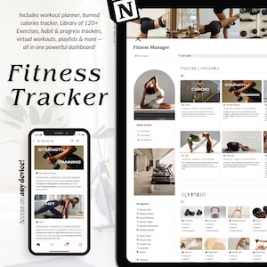 May include: A digital fitness tracker dashboard displayed on a tablet and smartphone screen. The interface includes sections for workout planning, calorie tracking, exercise libraries, habit tracking, and progress logs, featuring text labels like Fitness Manager, Cardio, Strength Training, and Equipment.