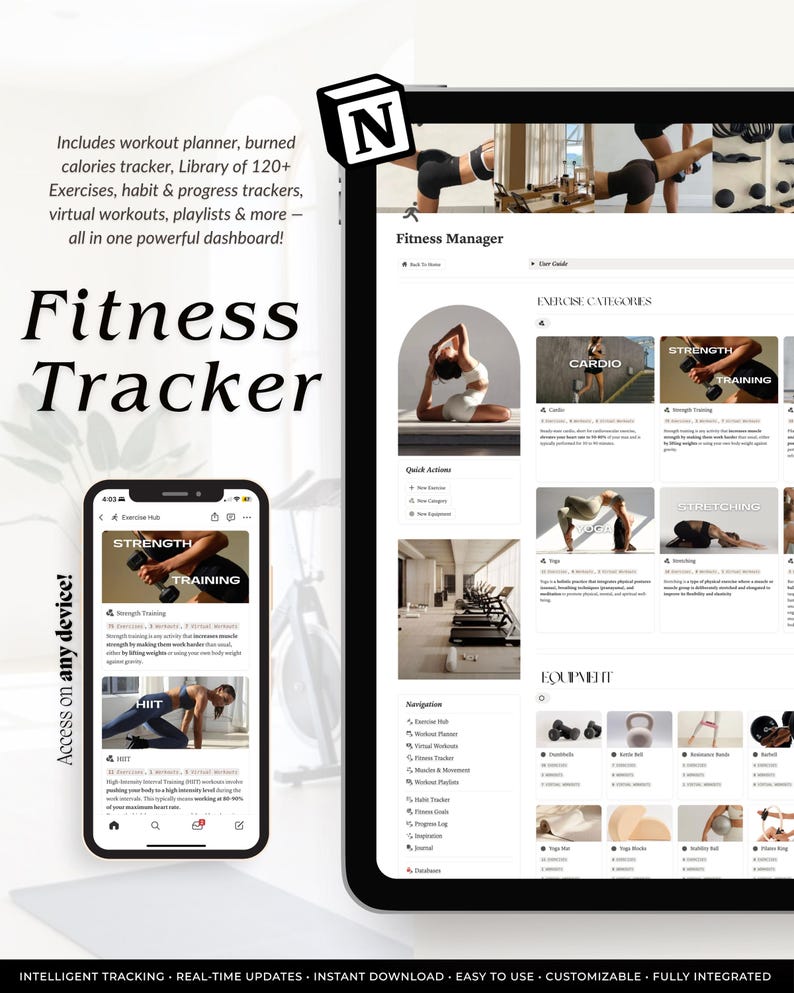 May include: A digital fitness tracker dashboard displayed on a tablet and smartphone screen. The interface includes sections for workout planning, calorie tracking, exercise libraries, habit tracking, and progress logs, featuring text labels like Fitness Manager, Cardio, Strength Training, and Equipment.