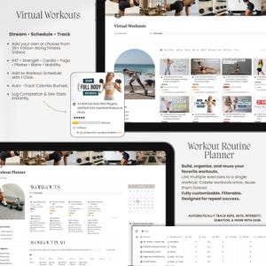 May include: A digital interface for a fitness platform featuring a Virtual Workouts dashboard with video thumbnails, exercise categories, and a Workout Routine Planner with customizable tables for tracking reps, sets, intensity, and duration for various exercises.