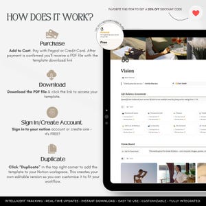以下が含まれることがあります： Notionテンプレートのステップバイステップガイド。購入、ダウンロード、サインイン、複製の手順が記載されています。画面には、ライフバランス評価テーブル、画像、および「Clarity precedes success」という引用を含むビジョンボードインターフェースが表示されています。